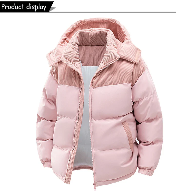 Deltostin Women’s Pink Corduroy Puffer Jacket – Warm Hooded Winter Coat