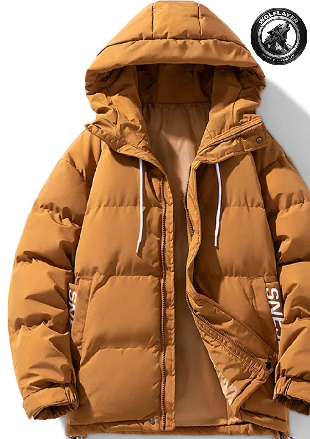 Deltostin Men’s Camel Brown Puffer Jacket – Warm Hooded Winter Coat with Streetwear Edge