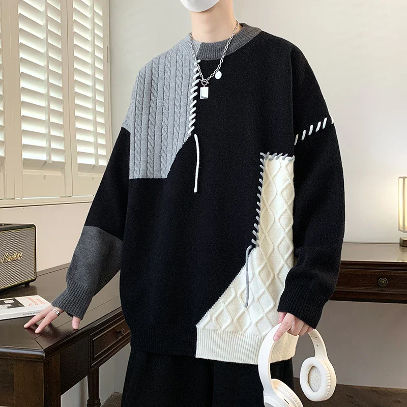 Deltostin Men’s Patchwork Knit Sweater – Black, Grey & White Color Block Winter Pullover