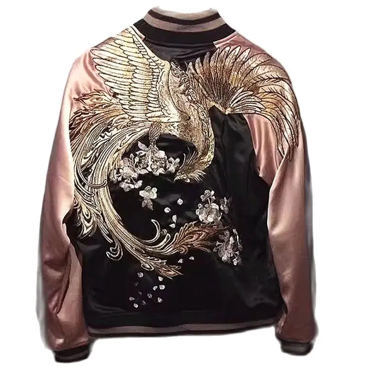 Deltostin Women’s Satin Embroidered Bomber Jacket – Black & Pink Floral Wing Design