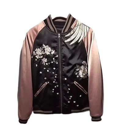 Deltostin Women’s Satin Embroidered Bomber Jacket – Black & Pink Floral Wing Design