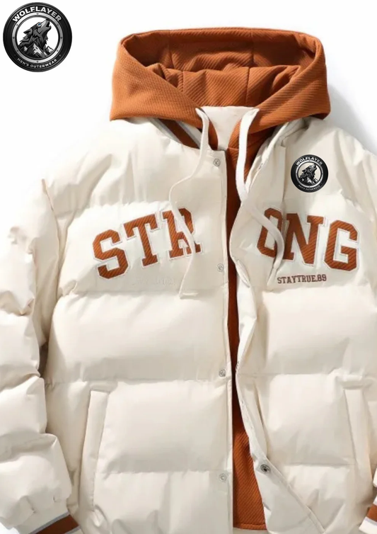 Deltostin Men’s “STRONG” Puffer Jacket – Brown Hooded Varsity Winter Coat