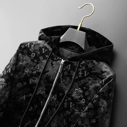 Deltostin Men’s Luxury Velvet Zip-Up Hoodie – Black Patterned Streetwear Jacket
