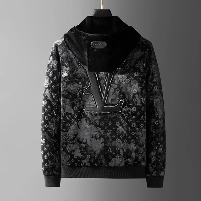 Deltostin Men’s Luxury Velvet Zip-Up Hoodie – Black Patterned Streetwear Jacket