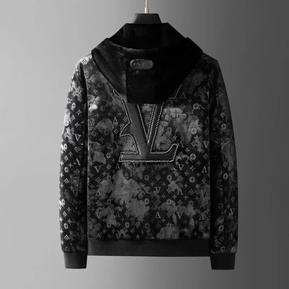 Deltostin Men’s Luxury Velvet Zip-Up Hoodie – Black Patterned Streetwear Jacket