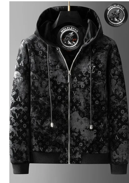 Deltostin Men’s Luxury Velvet Zip-Up Hoodie – Black Patterned Streetwear Jacket