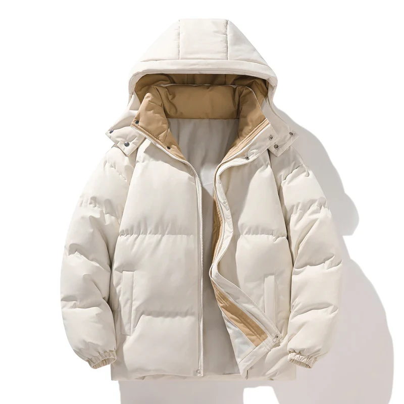 Deltostin Unisex Winter Puffer Jacket – Warm Cream White Hooded Insulated Coat