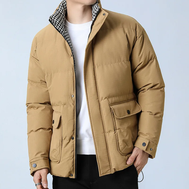 Deltostin Men’s Elegant Cream Puffer Jacket – Warm Quilted Coat with Check Inner Lining
