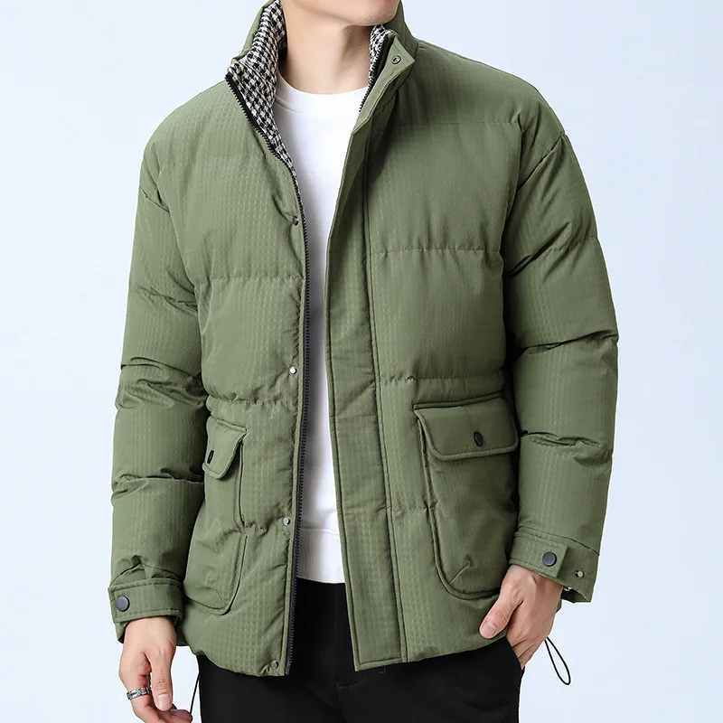 Deltostin Men’s Elegant Cream Puffer Jacket – Warm Quilted Coat with Check Inner Lining