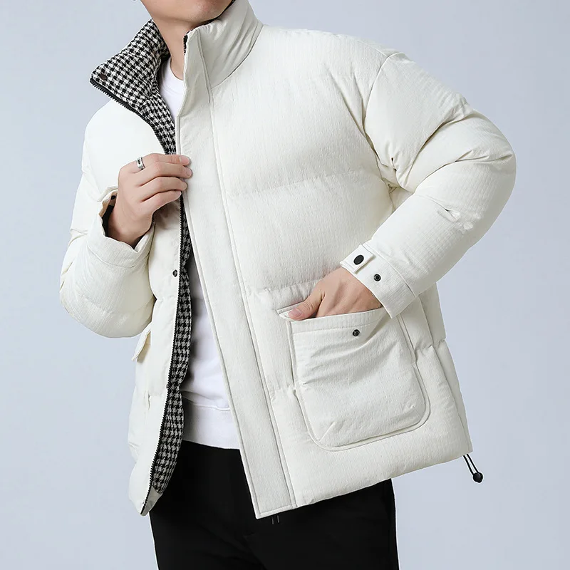 Deltostin Men’s Elegant Cream Puffer Jacket – Warm Quilted Coat with Check Inner Lining