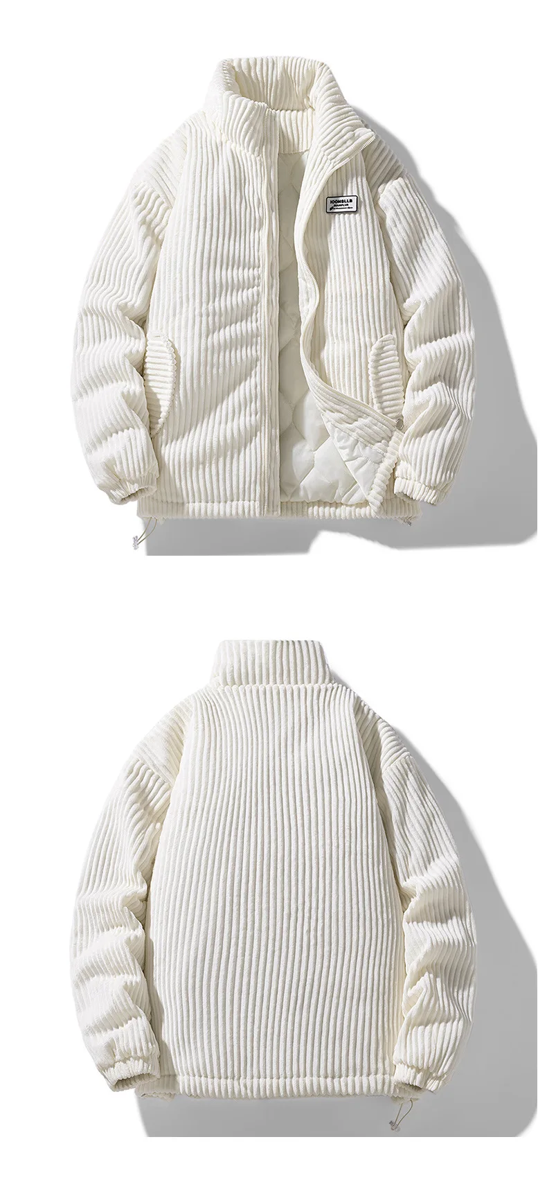 Deltostin Premium Corduroy Winter Jacket – Off-White Warm Quilted Zipper Coat